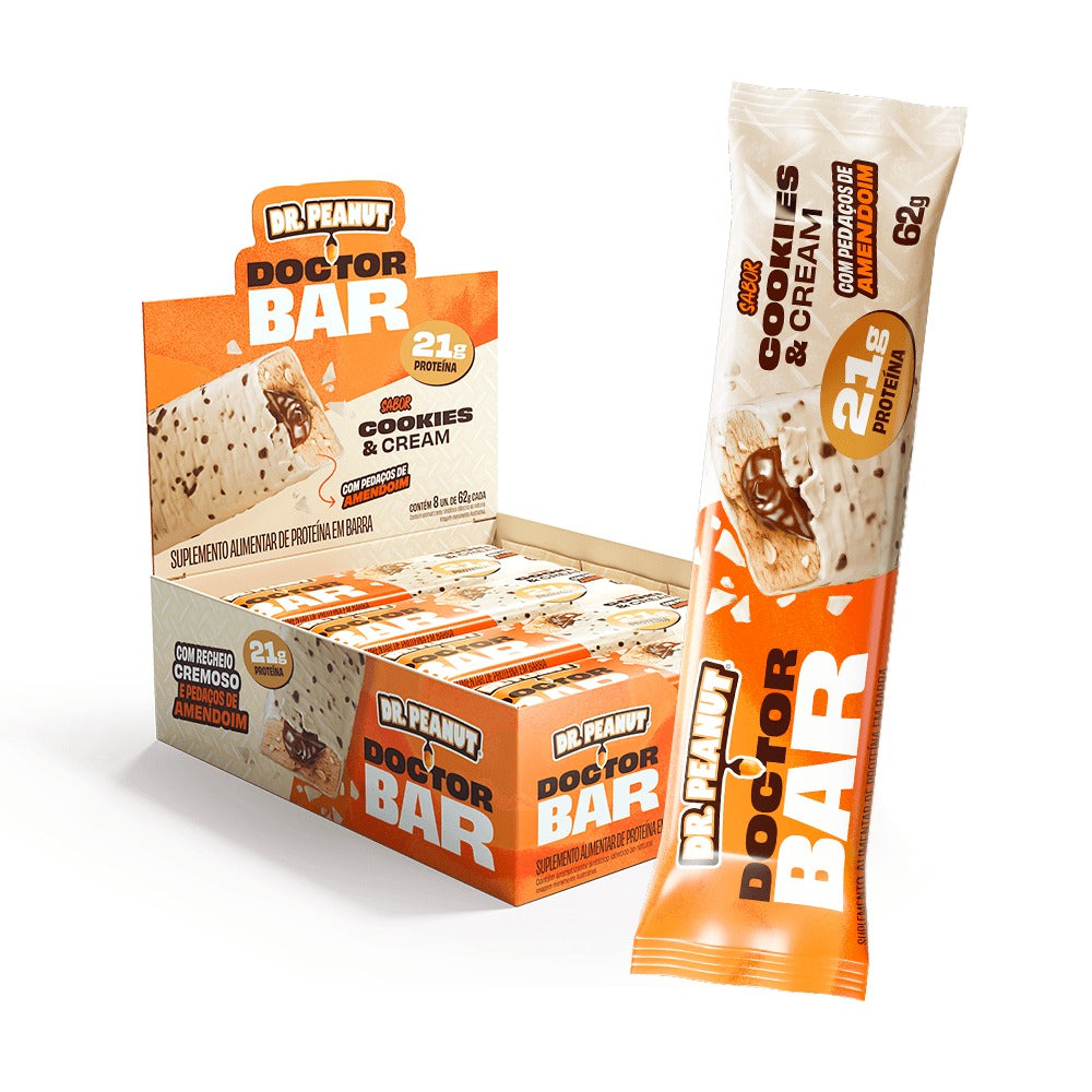 CAIXA DOCTOR BAR 62G 8 UNIDADES - DR PEANUT SABOR:COOKIES E CREAM